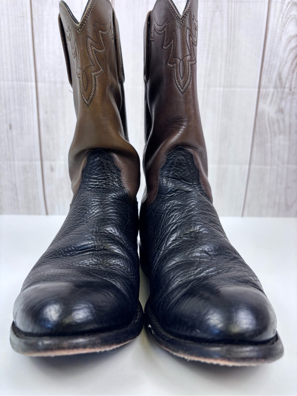 Vintage Lucchese 2000 Two-Tone Leather Western Cowboy Boots Black Brown Sz 8EE - Picture 6 of 16
